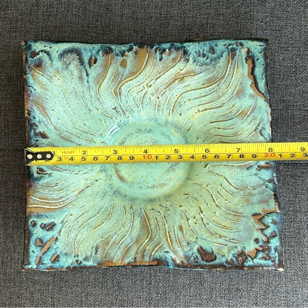 Handmade Abstract Candle Holder Trinket Dish Decor Art Deco Aqua Brown - Picture 7 of 8